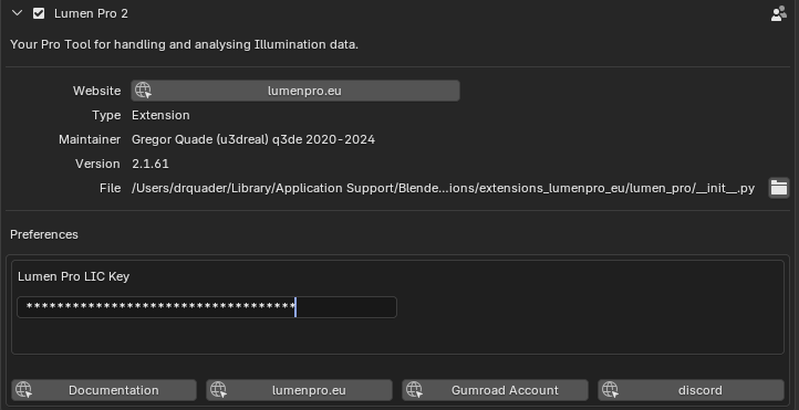 Entering the Lumen Pro license key and pressing Enter