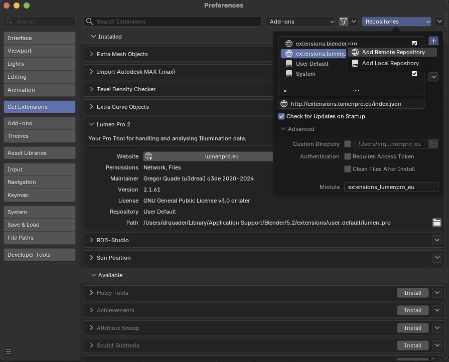 Blender Preferences with the Get Extensions panel open